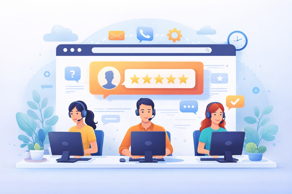 Equipo de atención al cliente con auriculares en entorno profesional