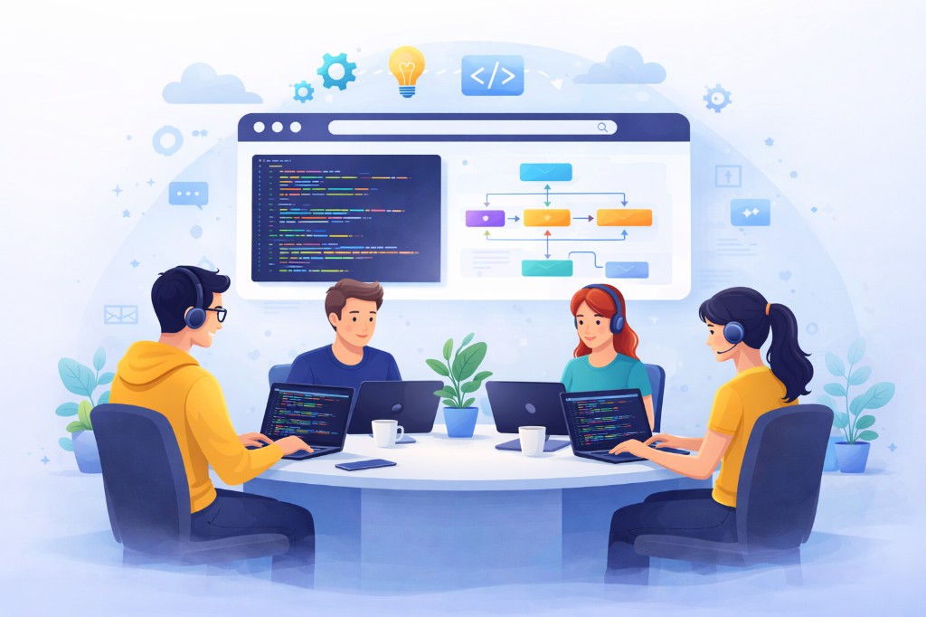 Equipo de desarrolladores trabajando en equipo