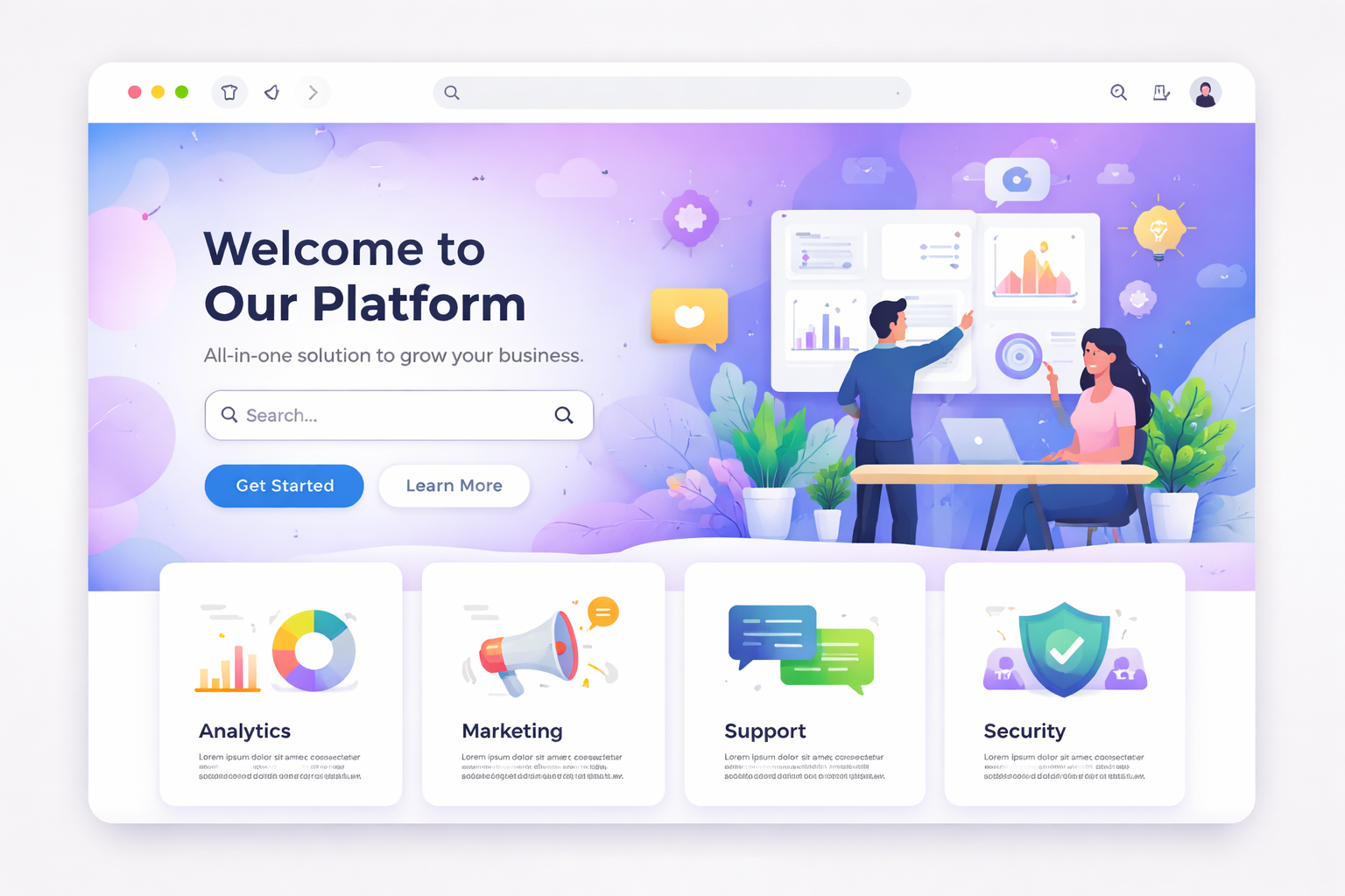 Plataforma digital: bienvenida, analítica, marketing, soporte y seguridad